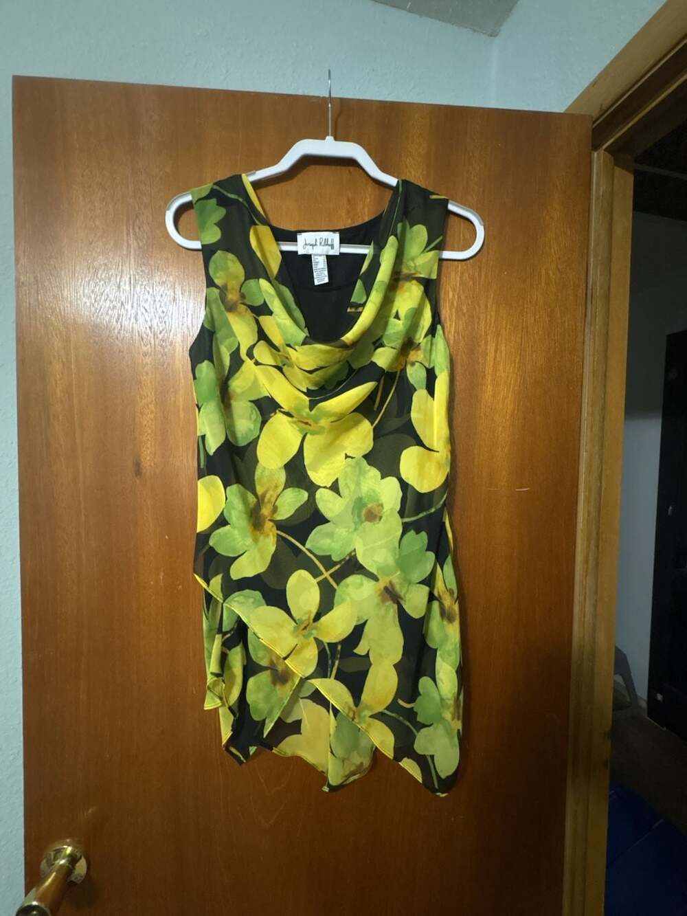 Joseph Ribkoff Cowl Neck Sleeveless Green and Yellow Floral Tunic Top